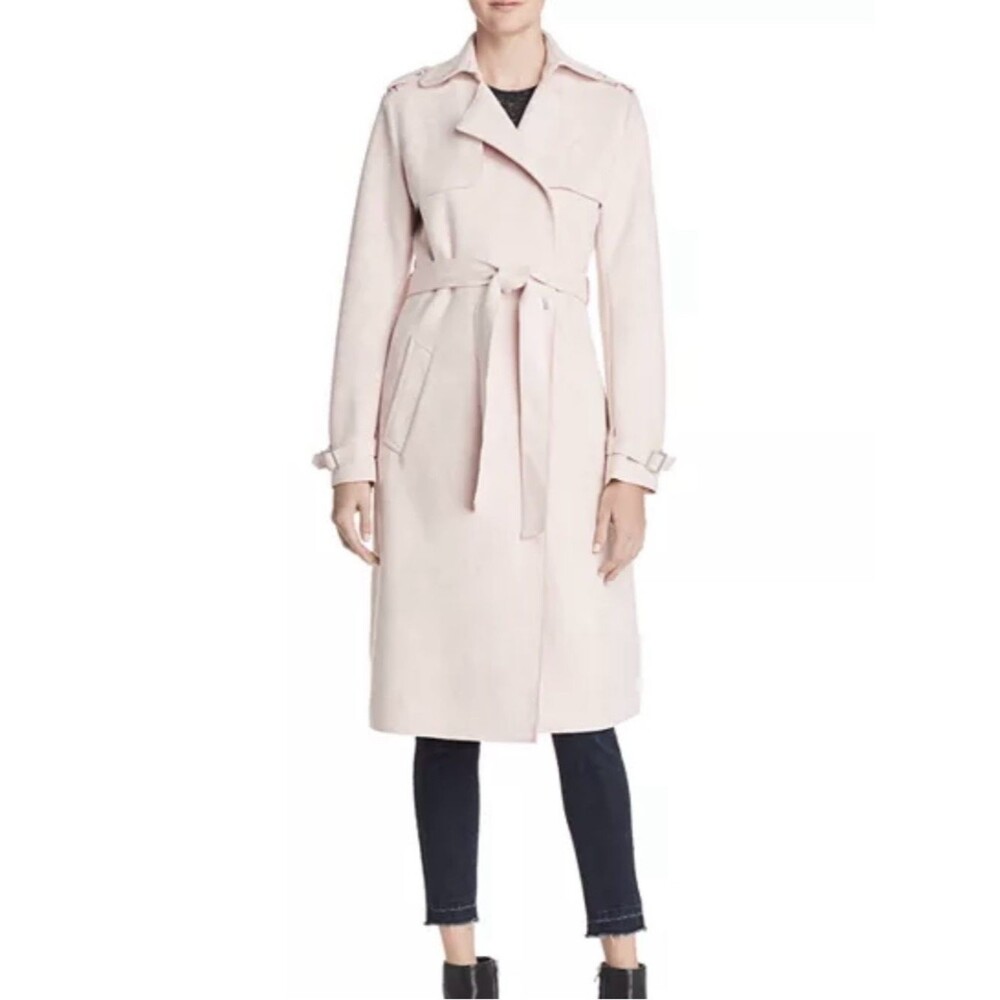 Tahari Ivory Beige Faux Suede Belted Trench Coat